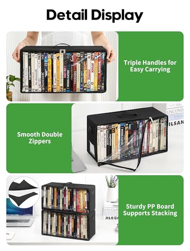 Beveetio 4-Pack DVD Storage Box, Stackable DVD Case Holder Organizer with Front Zippered Clear Window, CD Holder for CD, Blu-ray, VHS, Video Games, and Movie Collection, Holds 100+ Cases - Thumbnail 5