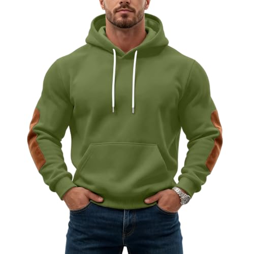 Mens Pullover Hoodie Elbow Patch Kangaroo Pocket Drawstring Casual Travel