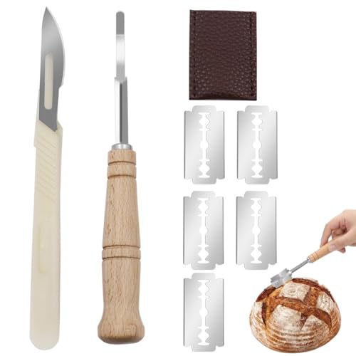 XURJUMI 2 Piezas Herramienta de Corte de Pan,Cuchillo de Masa con 5 Pcs Cuchillas de Repuesto,Cuchillo de Panadero,Cuchillo de Baguette,Mango de Madera,Cuchillo de Pan,Herramienta para Cortar Pan