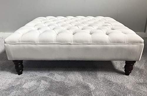 Extra Large Chesterfield Footstool - Plush Velvet Bone - Off White Deep Buttoned Ottoman - Coffee Table