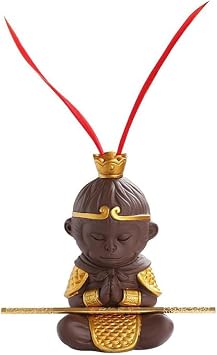 Handmade 4.6" Monkey King Statue Sun Wukong Buddha Zen Monk Figure Chinese zisha Purple Clay Sculpture with Golden Cudgel, Collectible Purple Sand Tea Pet fish tank Home Car Decor Tea Tray