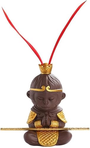 Handmade 4.6" Monkey King Statue Sun Wukong Buddha Zen Monk Figure Chinese zisha Purple Clay Sculpture with Golden Cudgel, Collectible Tea Pet Kung Fu Tea Home Car Decor Tea Tray figurines