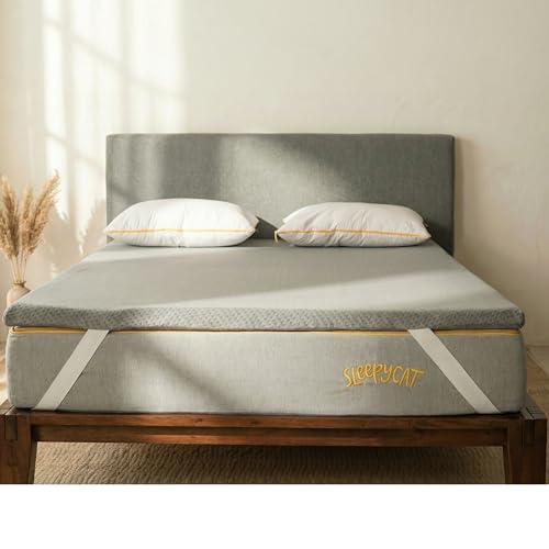 SleepyCat Aeroflow Foam Mattress Topper | 2 Inch Cooling Bed Topper with Ventilation Channels for Airflow | Elastic Straps for Secure Fit | Machine Washable Cover | (Grey, Queen Size, 72x60x2 Inch)