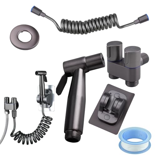 Doafoce Grifo Bidet para WC Bidet Kit Edelstahl Ducha Higienica mit Soporte Tubo de Resorte Adhesivo Pulverizador de Válvula de Doble Control Para Inodoro Ducha de Mano Para Baños y Aseos
