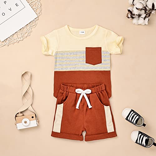 Image of FOCUTEBB Toddler Boy Clothes Summer Patchwork T-Shirt Shorts 2Pc Set 12M-5T | Soft Cotton Short Sleeve Set, Patchwork Design, Comfy Elastic Waist with Pocket, Toddler Boy Summer Casual Daily Wear