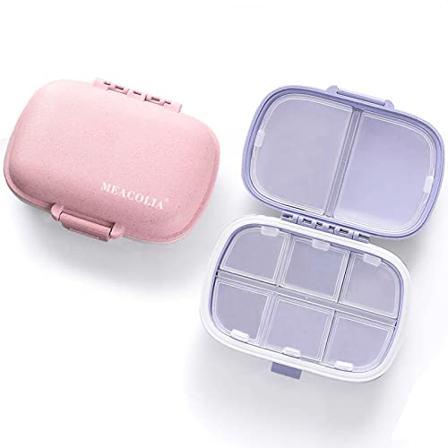 MEACOLIA 2 Pack 8 Compartments Travel Pill Organizer Box Moisture Proof Small Pill Case for Pocket Purse Daily Pill Holder Conta
