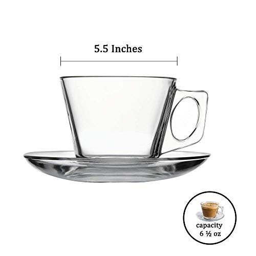Tea Cups and Saucers Sets, 6PCs Clear Glass Coffee Mugs and 6PCs Glass Saucers, Ideal 6.5 Ounce Size for Cappuccino, Specialty Coffee Drinks, Latte, Cafe Mocha and Tea