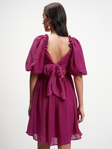 Image of Tokyo Talkies Women's Self-Design Fit & Flare Short Dress | Square Neck & Front Gathering | Chic & Feminine with Puff Sleeves
