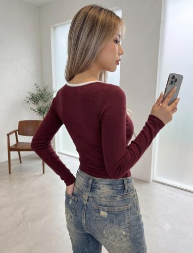 Image of Black Slim Fit Scoop Neck Top, Long Sleeves Top for Women,Front Knot Top