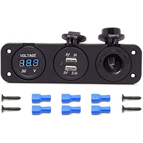 Cllena Triple Function Dual USB Charger + Blue LED Voltmeter + 12V Outlet Socket Panel Jack Marine for Digital Devices Mobile Phone Tablet Cover