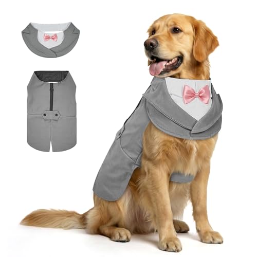 Supet Dog Tuxedo and Bandana Set with Bow Tie, Formal Outfit for Wedding Birthday Party Graduation Valentines, Pet Suit Clothes for Large Medium Small Dogs (Grey, L)