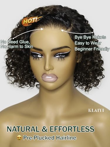 Image of KLAIYI Bye Bye Slip Ombre Chestnut Brown Bob Curly Glueless Precut 7x5 Lace Front Wigs Human Hair Side Part Drawstring Pre Plucked Bleached Knots 30S Ready to Put On and Go Wig with Dark Roots 8Inch