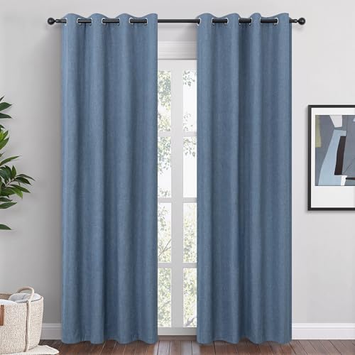 QmQmok Blue Linen Blackout Curtains 108 Inch Length 2 Panels Set for Bedroom Living Room Grommet 100% Black Out Linen Drapes Room Darkening Window Curtains 108 Inches Long Stone Blue
