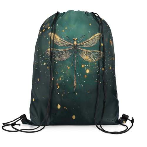 jejeloiu Dragonfly Drawstring Backpack Gifts for Gym String Bag Animal Sports Drawstring Sackpack Green Golden Waterproof Cinch Bag Drawstring Bags3