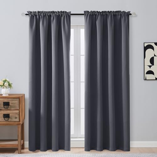Image of Charcoal Grey Blackout Curtains 84 Inches Long 2 Panels, Solid Thermal Insulated Soft Blackout Curtains for Bedroom, Dual Rod Pocket Window Treatments Drapes for Living Room, 2x50Wx84L Inches