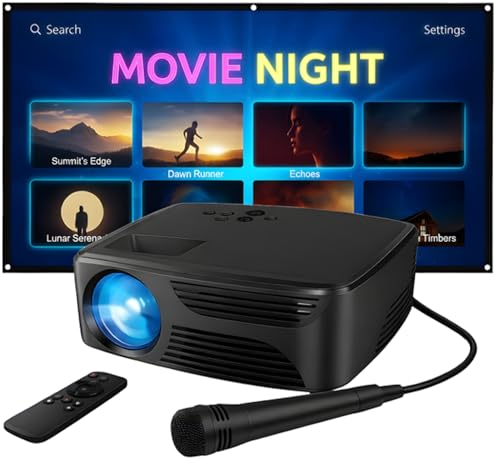 Mini Bluetooth Projector with Screen, Karaoke Microphone & Remote Control | Portable Projector for Bedroom, Outdoor Movie Nights & Camping | Built-In Speaker | HDMI–Works with Firestick & Roku stick