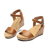 DREAM PAIRS Women's Open Toe Buckle Ankle Strap Platform Wedge Sandals for Women Summer Dressy Shoes,Size 10,Camel/Pu,NINI-8