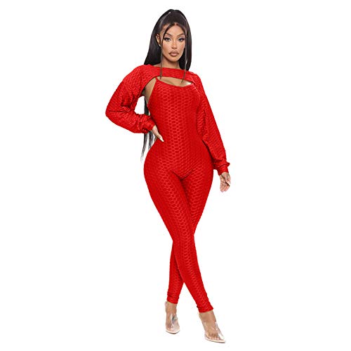 FORUU Sexy 2 Piece Outfits for Women 2021,Casual Lantern Sleeve Top Bottoming Suspenders Sports Yoga Jumpsuit Sport Set Plus Size Jogging Suits Cute 2 Piece Sets