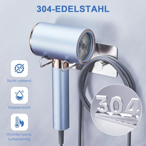 XILIMOR Föhnhalterung Bad Wand Ohne Bohren, Föhn Halterung Fönhalter Edelstahl mit Kabellagerungsregale, Haartrocknerhalter Zum Kleben für Bad Schlafzimmer Hotel, Silber