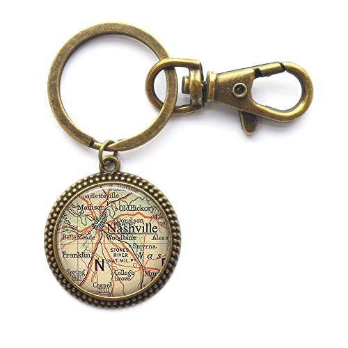 HandcraftDecorations Nashville Travel Map Keychain, Silver, Bronze & Gold, Retro Style, 1 Count