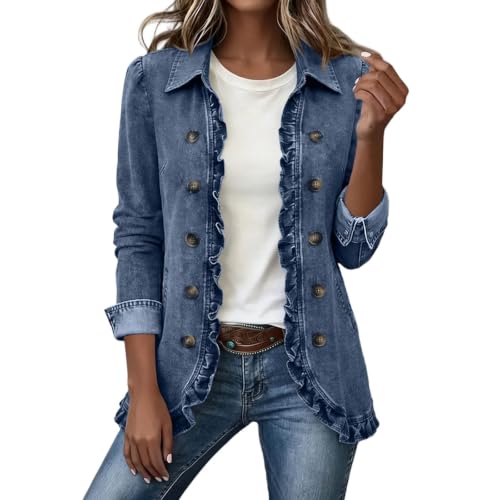 Jeansjacke Damen Oversize, Jeansjacke Damen Fashion Denim Jacke mit Rüschenbesatz und Seitentaschen Langarm Umlegekragen Mantel lässig‑elegante Übergangsjacke Winterjacke Offene Cardigan Clothing