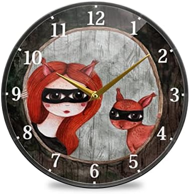Enzenon Round Wall Clock Silent Acrylic Girl and Squirrel Quartz Wall Clocks Analog Non-Ticking Desk Clock for Home Decor Living Room Bedroom Office School Clock Art Modern Small 9.5 inch