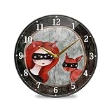 Enzenon Round Wall Clock Silent Acrylic Girl and Squirrel Quartz Wall Clocks Analog Non-Ticking Desk