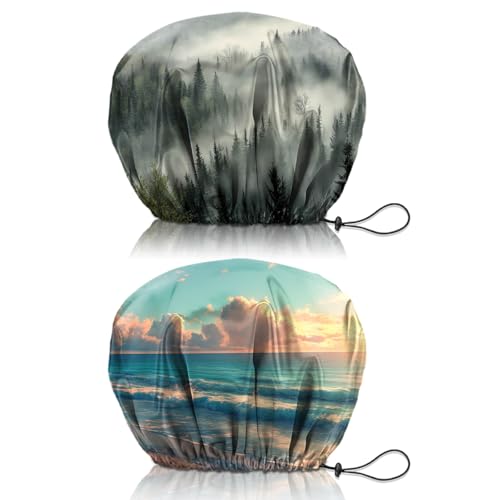 Cabreche 2 PCS Shower Cap Reusable Waterproof Double Layers Hair Caps Shower Bath Adjustable Elastic Hat for Women Girls Cute Aesthetic-Forest Beach