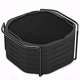 UMIRRO Black Octagon 4' Felt & Silicone Drink Cup Coasters Set of 6 with Holder - Super Absorbent, Built-in Leak Protection, Non-Stick, Modern Coasters for Coffee Table, Desk & Home Decor