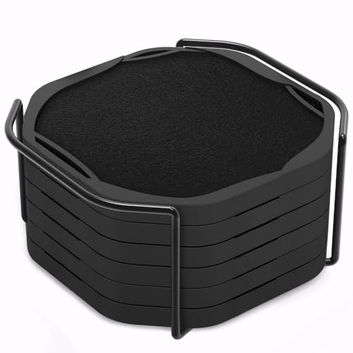 UMIRRO Black Octagon 4' Felt & Silicone Drink Cup Coasters Set of 6 with Holder - Super Absorbent, Built-in Leak Protection, Non-Stick, Modern Coasters for Coffee Table, Desk & Home Decor
