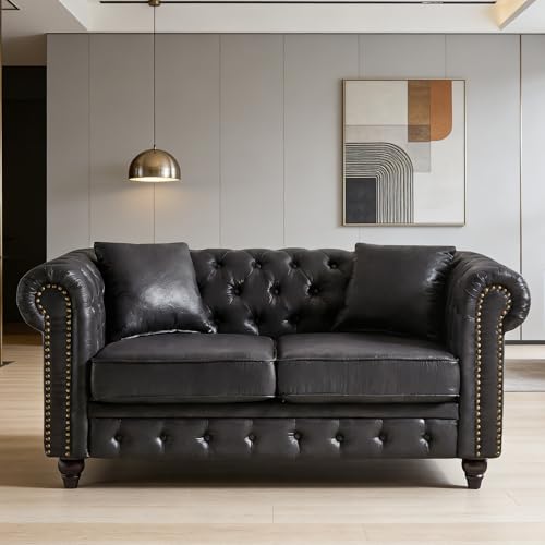 NoeBanJe 85" Modern Chesterfield 3 Seater Sofa, Faux Leather Tufted Sofa with Rolled Arms & Nailhead Trim, Chesterfield Couch for Living Room, Office, Club, Lounge, 750 LBS Capacity (Black 2 Seats)