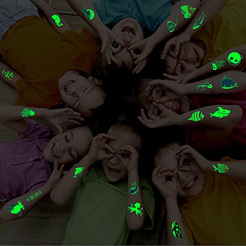 Partywind 130 Styles Luminous Shark Temporary Tattoos For Kids, Glow Shark Birthday Decorations Party Favors Supplies For Boys And Girls, Ocean Under Sea Fake Tattoo Stickers Gifts (10 Sheets) #TOP4