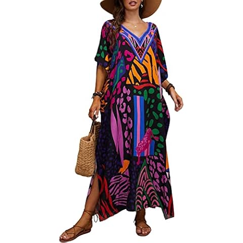 Eddoyee Kaftan Dresses for Women Print Caftan Swimsuit Cover Up Casual Long Beach Loungewear Dress Black Cover