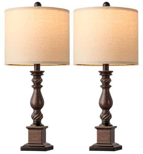 BOBOMOMO 24" Traditional Table Lamp Set of 2 for Bedroom, Vintage Bedside Lamps for Nightstand, Dark Bronze Resin Lamp for Bedroom Living Room Office Side Table, Farmhouse Home Decor