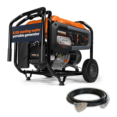 Image of Generac 8,125 Starting Watt Portable Gas Generator - Includes Extension Cord - Home or RV Ready - Quiet, Long Runtime, Emergency Power - 49-State Compliant