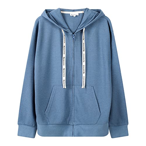 Trendstitch Women Lightweight Zip Up Hooded Sweatshirt Casual Long Sleeve Track Jacket With Pockets Waffle Knit Shirt Topss,Gray Blue,M #TOP12