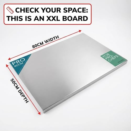 Image of Herrlich Homes 304 Stainless Steel Chopping Board with Lip for Kitchen| Free Rollin Pin |Counter Top | Rust Proof | Easy to use| Round Edge| For Cutting Vegetables, Meat,Fish,Fruits | 2XL | 80 X 50 cm