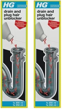 HG Drain and Plug Hair Unblocker, Removes Hair from Showers, Baths, Sinks & Plug Holes, Unblocks Blocked Bathroom Pipes & Drains Quickly & Easily (200 ml + 250 ml) - 667045106 (Pack of 2)