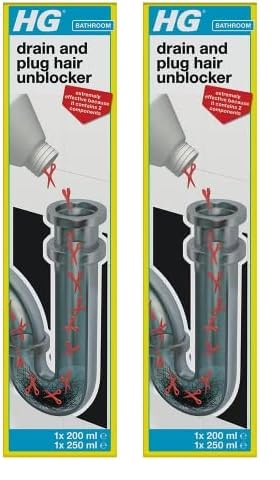 HG Drain and Plug Hair Unblocker, Removes Hair from Showers, Baths, Sinks & Plug Holes, Unblocks Blocked Bathroom Pipes & Drains Quickly & Easily (200 ml + 250 ml) - 667045106 (Pack of 2)