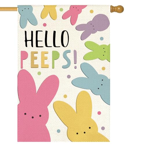 RABUSOFA Easter Happy Peeps House Flag 28x40 Inch Double Sided for Outside Small Burlap Holiday Bunny Easter Decorations for Outdoor Porch Yard Flag Large