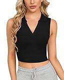 CLOZOZ Womens Tank Tops Polo Crop Top V Neck Ribbed Sleeveless Tops Collar Shirts Womens Crop Tops P
