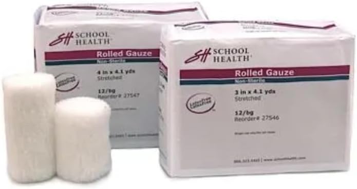 School Health - Gasas no estériles enrolladas para curación de heridas, cuidado de heridas y kits de primeros auxilios - Algodón altamente absorbente (3" x 4.1 yardas, 12 unidades) miniatura 1