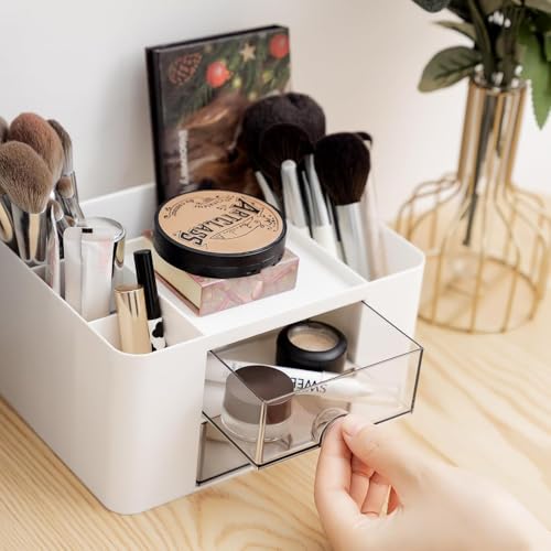Image of Recluse White Plastic Table Organiser,Desk Organiser with 5 Compartments and 2 Small Drawers Organizer for Home or School,Office Organiser,Small Items Such as Stationery and Remote Control