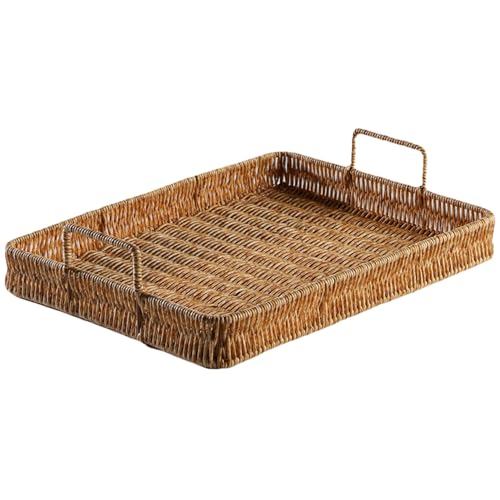 Bandeja para Servir en ratán | Bandejas de Mimbre rectangulares con manijas, Bandeja de ratán de plástico Hecha a Mano, Cesta de Almacenamiento de Mimbre de Gran Capacidad para decoración del hogar d