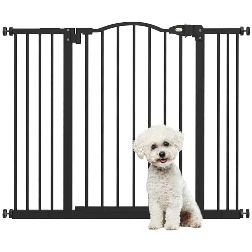 PawHut 78 cm Cancelletto per Cani da Interno, Cancello per Cani di Sicurezza, Barriera Cancellino per Cani Estensibile 74-100 cm con Doppio Blocco e Chiusura Automatica per Scale e Porta, Nero