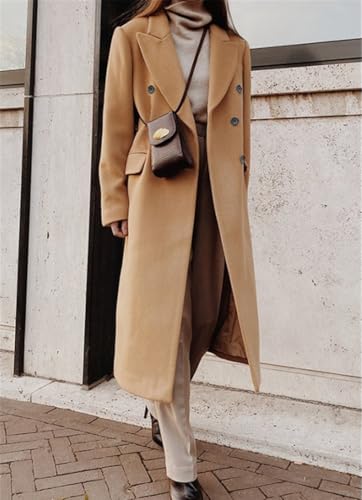 chouyatou Women's Double Breasted Wool Coat Notched Lapel Collar Winter Pea Coat Overcoat Long Jackets4