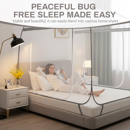 Image of HASTHIP Double Bed Mosquito Net with Stand Pop Up Fine Mesh Canopy Tent Frame with Dual Door for Bedroom 180x200x145cm