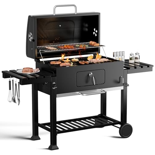 Warmiehomy XXXL Charcoal Barbecue, Outdoor Smoker BBQ Grill with Wheels, 2 Foldable Side Tables, Hooks, Thermometer & Adjustable Chimney, Portable BBQ Grill for Garden Picnic Camping