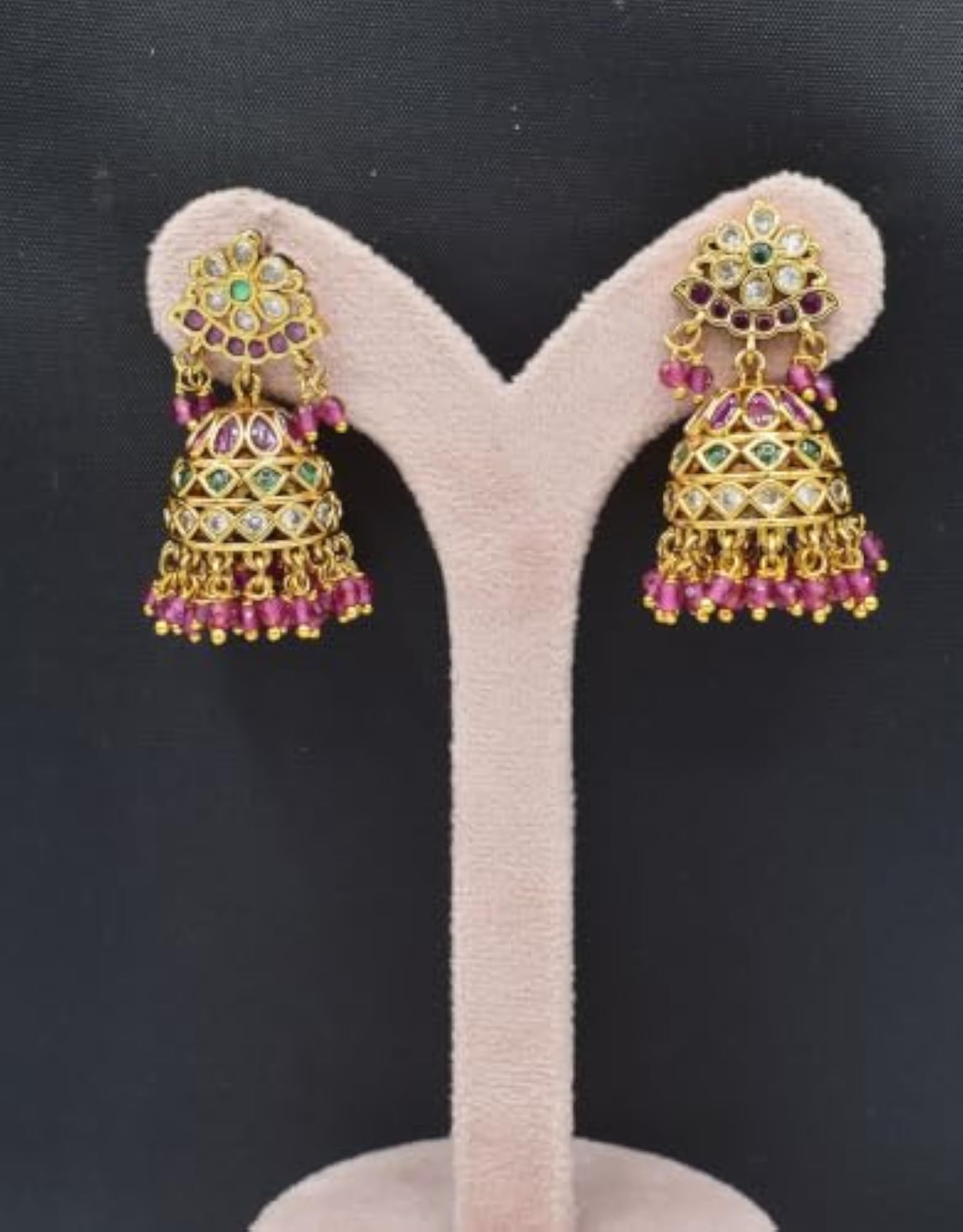 Traditional Kundan Jhumka Earrings with Ruby and Pearl Drops