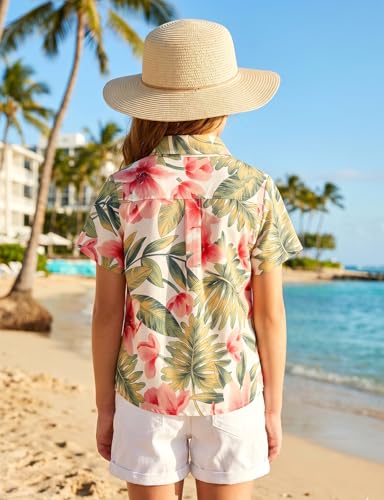 Image of Noomelfish Girls Tie Front Hawaiian Shirt Summer Floral Tropic Short Sleeve Button Down Tops (5-14 Years)